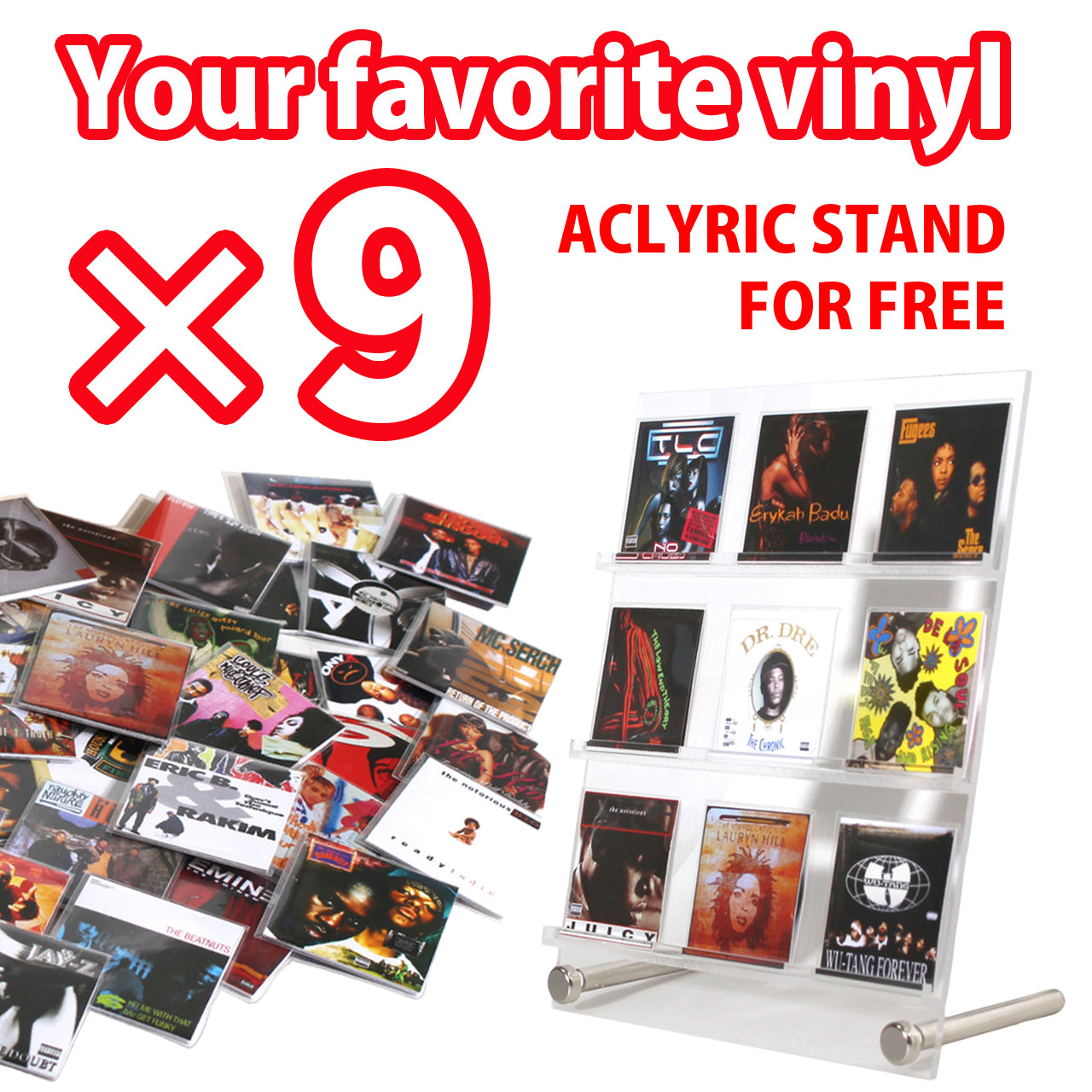 A set of 9 miniature vinyl of your choice comes with Acrylic showcase stand あなたのお好きなミニチュアレコードを9枚セットで