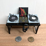 Technics miniature SL-1200MK2 turntable, mixer, headphones, speakers, and desk set