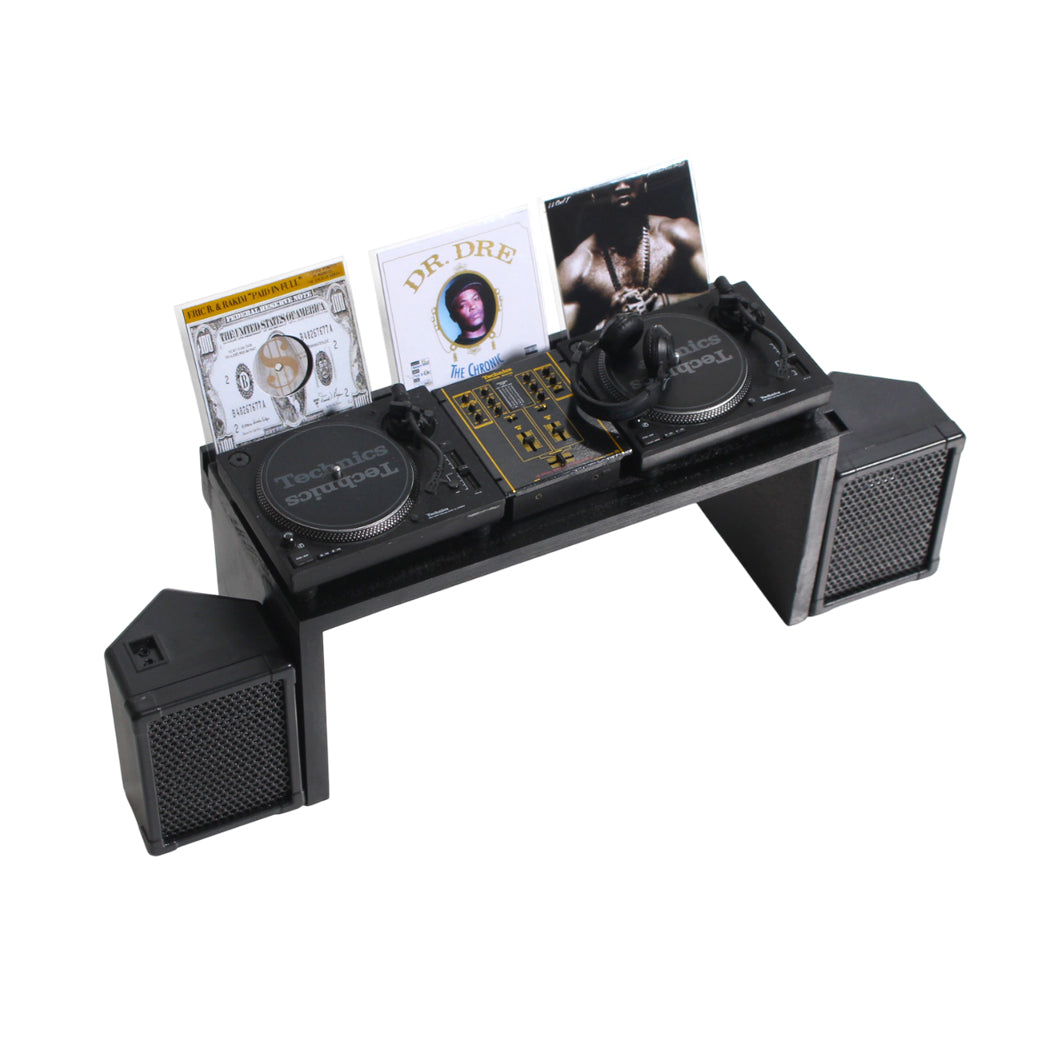 Technics miniature SL-1200MK7 set Turntable, Mixer, Headphones, Speakers, and Desk with vinyl display