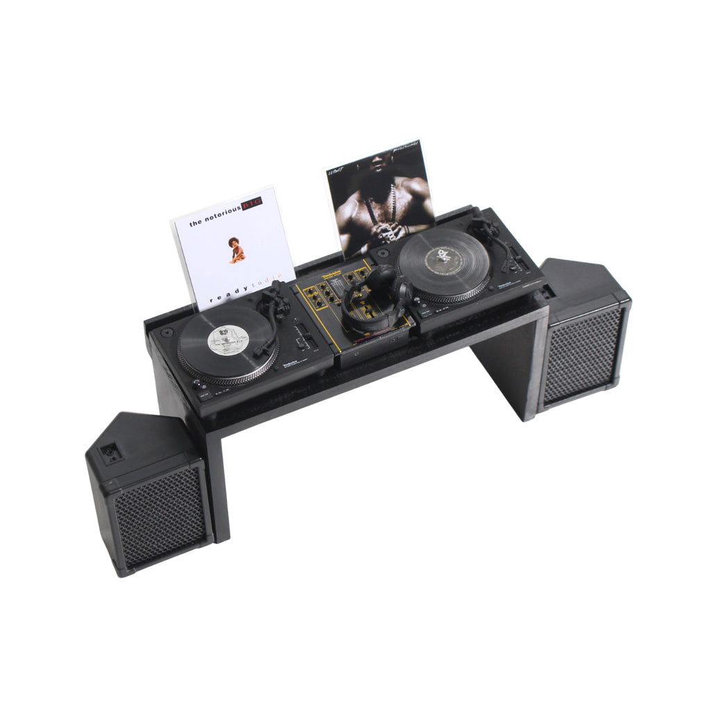 Technics miniature SL-1200MK7 set Turntable, Mixer, Headphones, Speakers, and Desk with vinyl display