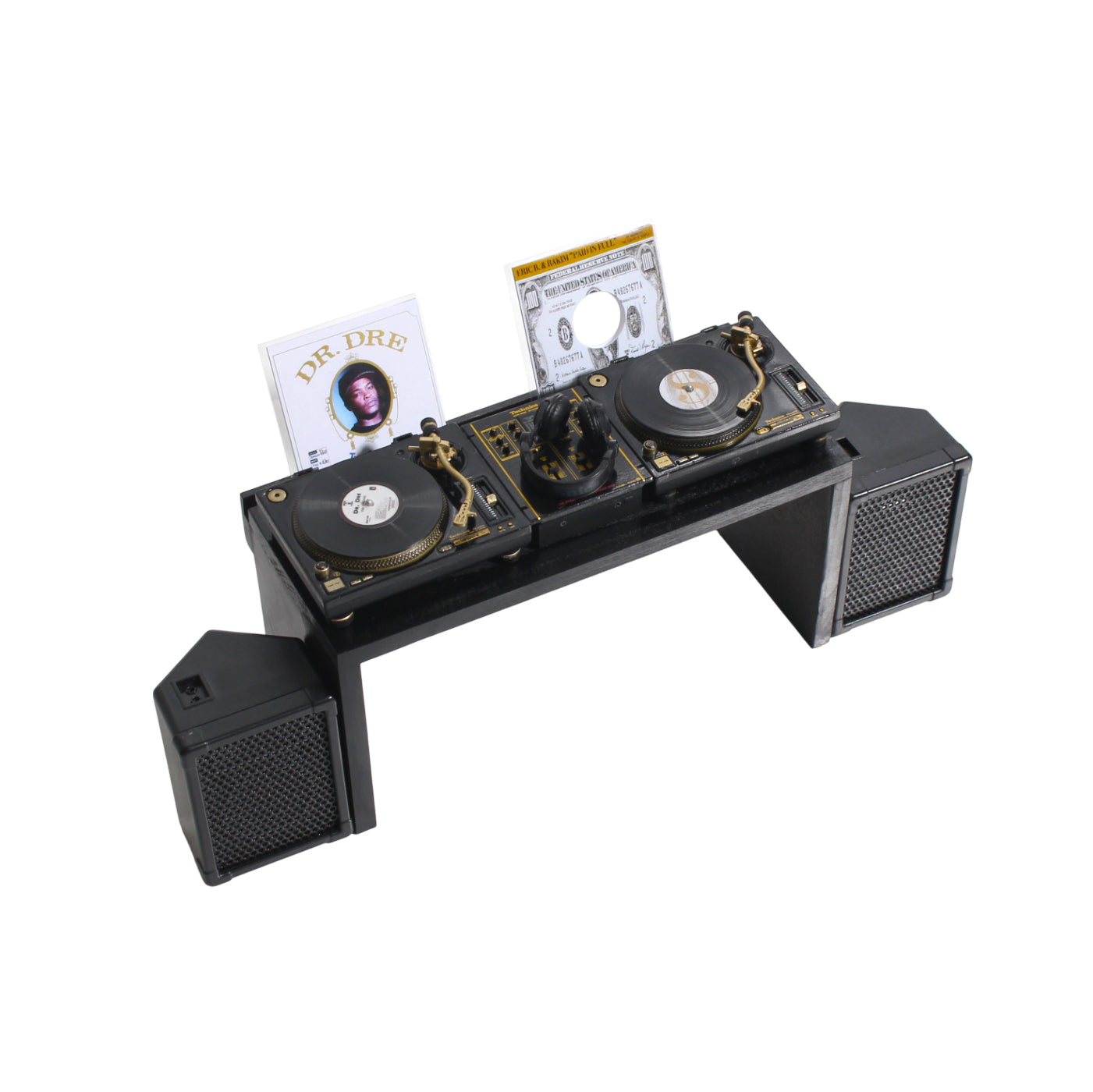 Technics miniature SL-1200GLD set Turntable, Mixer, Headphones, Speakers, and Desk with vinyl display